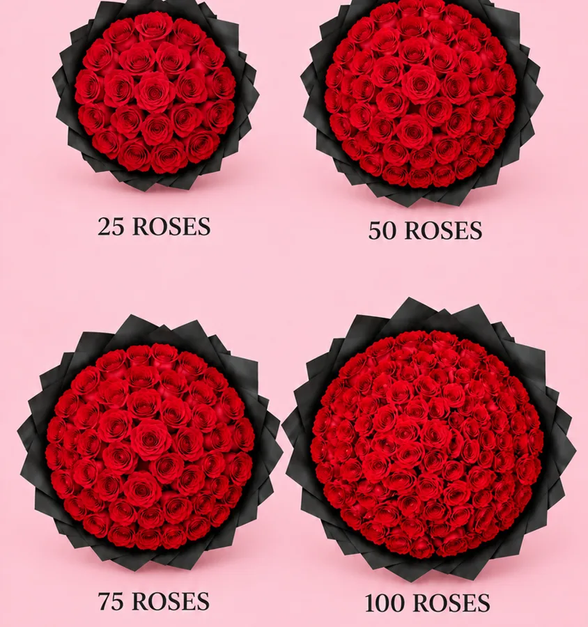 Size comparison of 25, 50, 75 and 100 red rose bouquets by Love Petals Co. Orlando