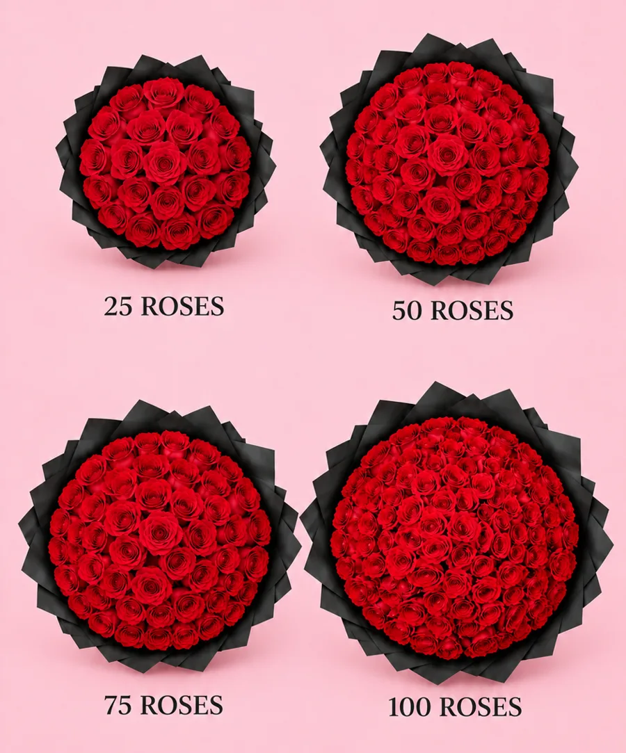 Size reference: 25, 50, 75 and 100 red rose bouquets side by side by Love Petals Co. Orlando