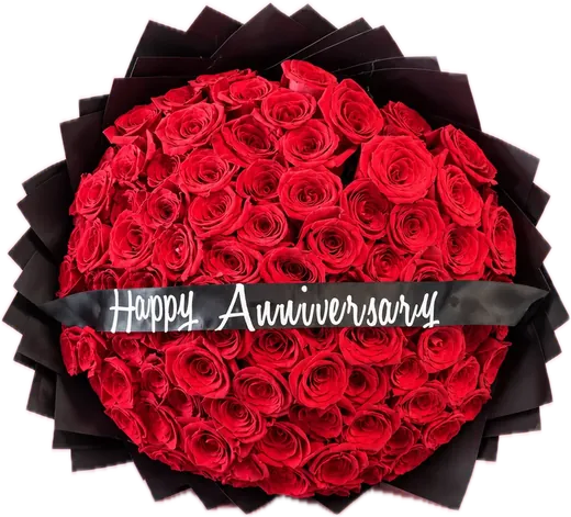 Luxury red rose bouquet with Happy Anniversary sash by Love Petals Co., Orlando florist