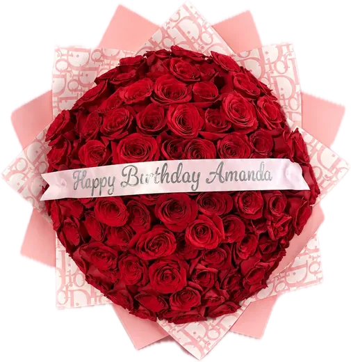 Red rose bouquet with Happy Birthday name sash, birthday flowers Orlando