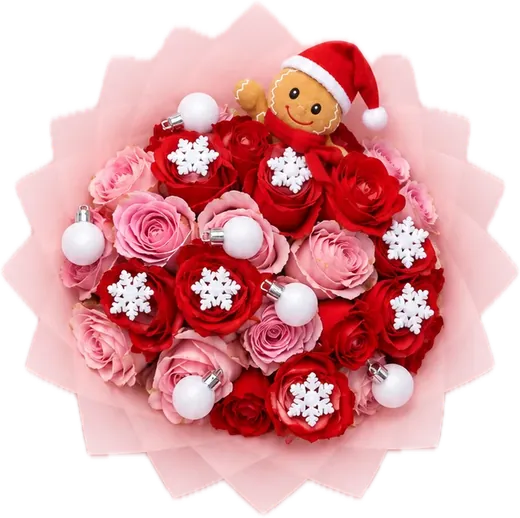 Holiday rose bouquet with gingerbread and snowflakes, Christmas bouquet Orlando