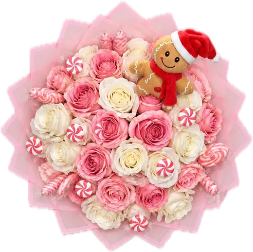Pink and white Christmas roses with peppermints and teddy, Orlando holiday flowers