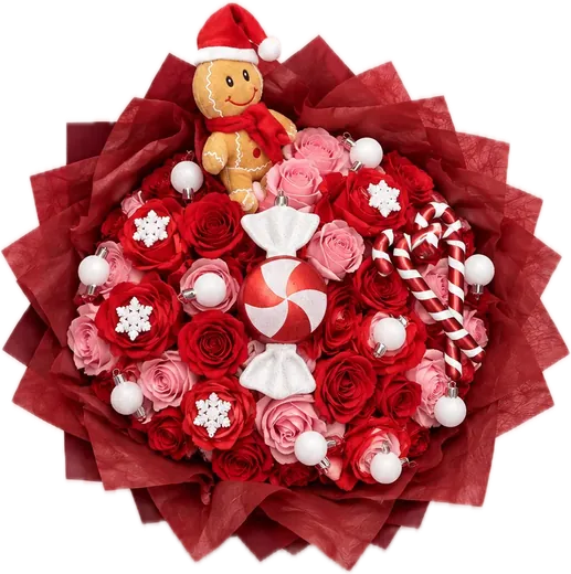 Christmas rose bouquet with teddy bear and candy, holiday flowers Orlando