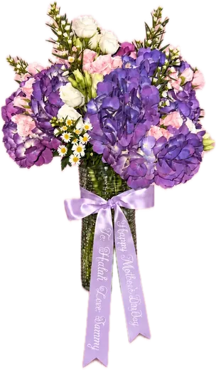 Purple hydrangea bouquet in vase with lilac ribbon, Orlando florist