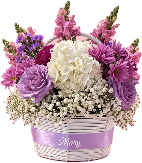 Lavender flower basket with hydrangea and roses, personalized flower basket Orlando
