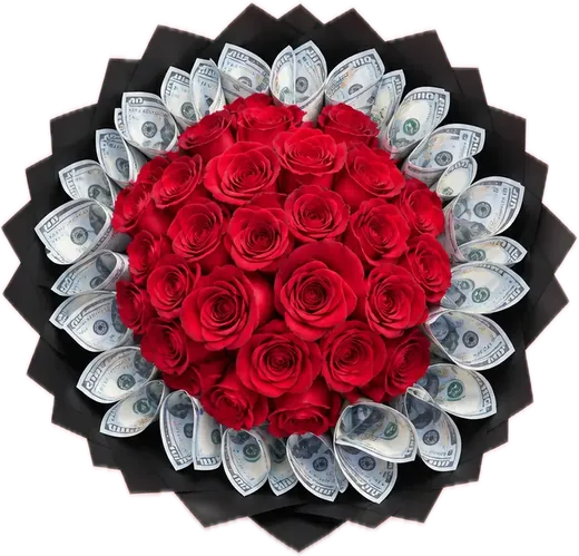 Money bouquet with red roses and folded cash, Orlando money bouquet