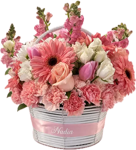 Pink flower basket with gerbera daisies and tulips, flower arrangement Orlando