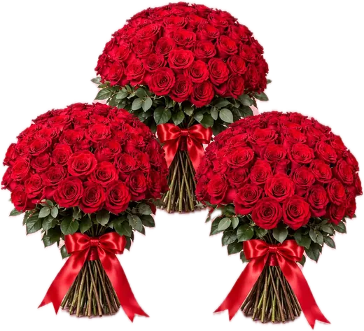 Three red rose dome bouquets with red ribbons, event florist Orlando
