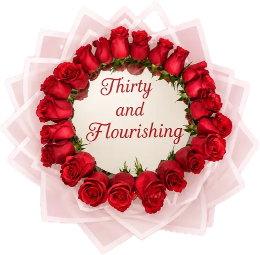 Red rose ring bouquet with Thirty and Flourishing message, 30th birthday flowers Orlando