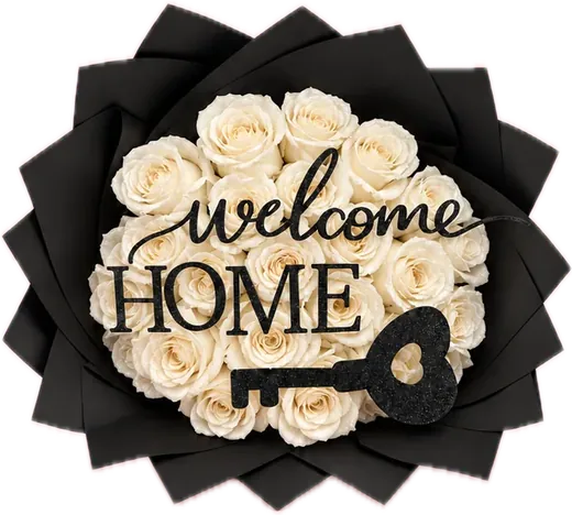 Ivory roses with Welcome Home sign and key, housewarming flowers Orlando